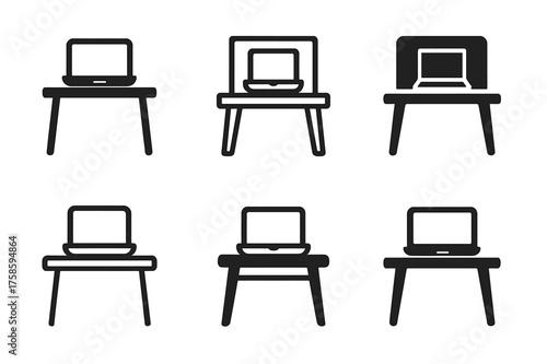 Home Office Logo Grid. Designing home office spaces for productivity. Set Logo of Interior design: computer on desk icon. harmonious logo variations of the