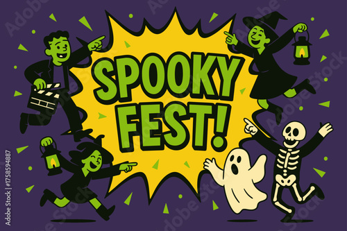 SpookyFest Banner Extravaganza. SpookyFest banner, flat vector illustration, bold oversized text inside comic burst, cartoon characters jumping and pointing at