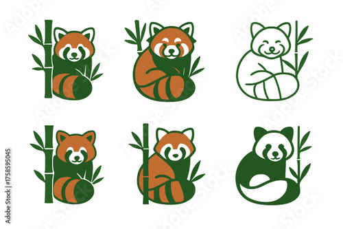 Wild Animal Logos. Wild animals in forests and jungles. Set Logo of Wild animals in forests and jungles: Red panda nestled in bamboo. harmonious logo