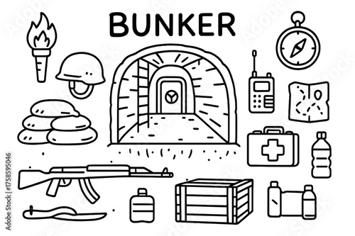 Underground Bunker Doodle. Bunker. Hand-drawn doodle illustration bunker underground tunnel, ladder, metal door, helmet, sandbags, torch, compass, radio, map,