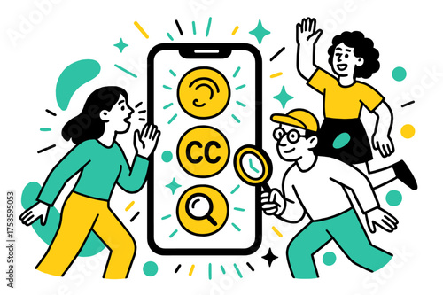 Empowering Accessibility Apps. Assistive apps. A phone glowing with accessibility icons?voice control, captions, magnifier?abstract sparks floating around