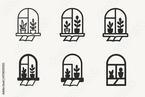 Creative Logo Variations. Artistic workspace in a cozy room. Set Logo of Artistic workspace in a cozy room: Window sill with potted plants and open sketchbook.