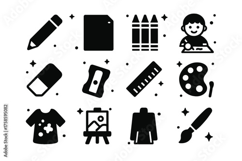 Drawing Tools Icons. Drawing Activities. Solid icons set of Drawing Activities: Pencil, Paper, Crayons, Markers, Eraser, Sharpener, Ruler, Child Drawing,