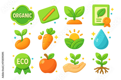 Organic 3D Icons. Organic product labels. 3D icons set of organic product labels: organic badge, non-GMO stamp, farm leaf, eco certificate, sprouting seed,