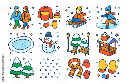 Winter Wonderland Icons. Snow park. Colorful isometric vector icons set of snow park: people strolling, winter clothing, sledding, ice skating, frozen pond,