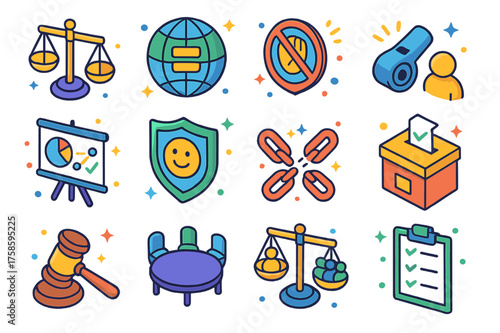 Global Justice Icons. Colorful isometric vector icons set of global justice and fairness: courtroom scales, equality globe, anti-corruption badge,