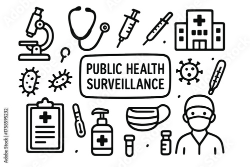Public Health Tools. Public Health Surveillance. Hand-drawn doodle illustration public health surveillance microscope, stethoscope, syringe, test tube,