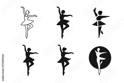 Dancer Logo Variations. A dancer practicing pirouettes in a ballet studio with mirrors. Set Logo of Ballet practice: ballerina silhouette. harmonious logo