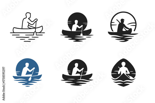 Canoeing Logo Variations. Canoeing. Set Logo of Canoeing: Solo paddler gliding on a glassy lake at dawn. harmonious logo variations of the same emblematic