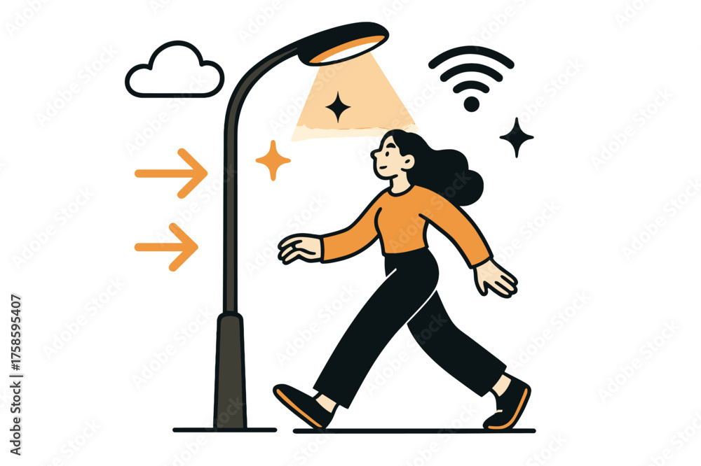 Fototapeta premium Smart Streetlight Connectivity. Dynamic streetlights. A glowing smart streetlight adjusting its beam as a