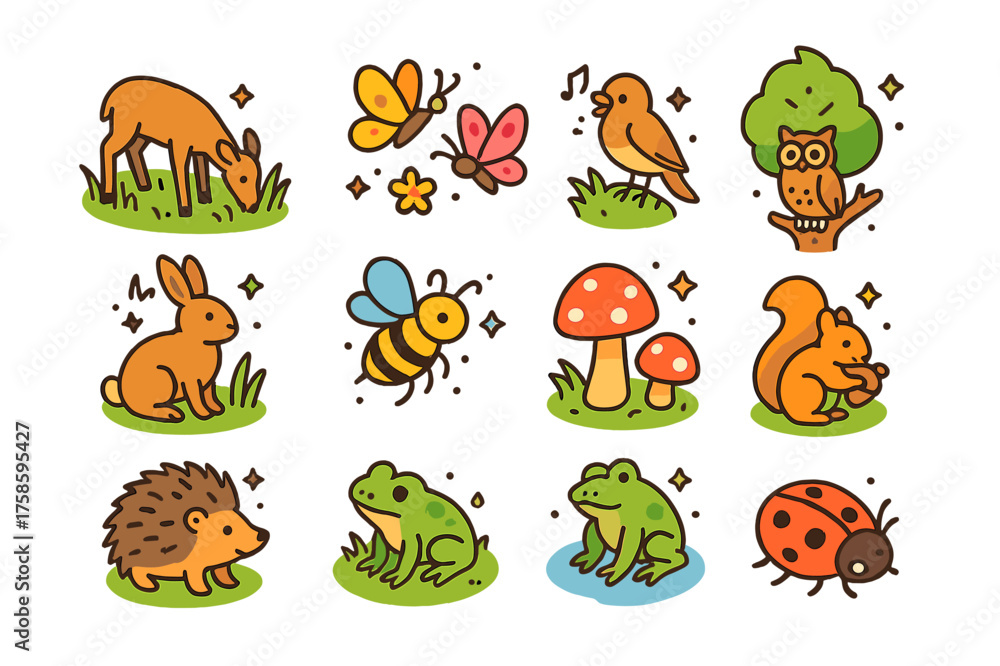 Obraz premium Isometric Wildlife Icons. Wildlife meadow. Colorful isometric vector icons set of wildlife meadow: grazing deer, wild rabbit, hedgehog, butterflies, singing