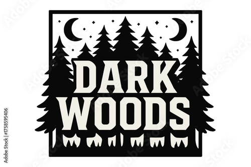 Dark Woods Design. Dark Woods ? Bold Block Lettering, stacked uppercase with chunky geometric serifs, heavy outline and flat 3D shading, poster-style layout