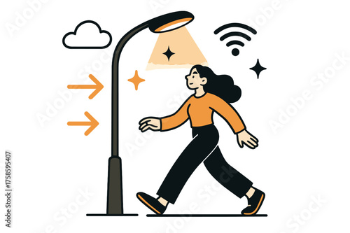 Smart Streetlight Connectivity. Dynamic streetlights. A glowing smart streetlight adjusting its beam as a