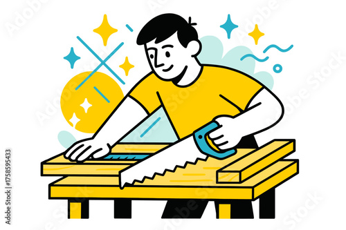 Glowing Workbench Precision. Woodworking table. A glowing workbench with saw, ruler, and wooden planks arranged, abstract floating sparkles and lines showing