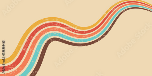 Abstract Retro 70s colorful sun with rays on vintage background. Groovy banner, poster or postcard. Vector illustration.