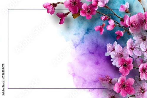 Pink cherry blossoms blooming on watercolor background frame