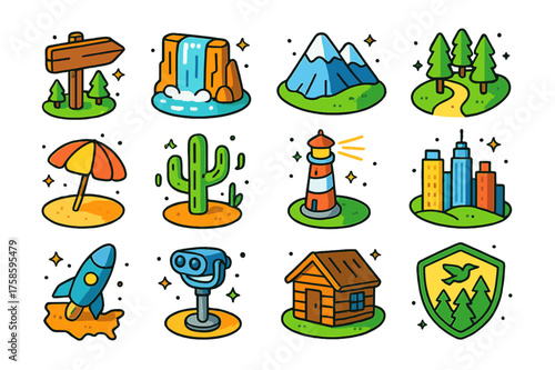 Scenic Destination Icons. Colorful isometric vector icons set of scenic destinations: national park sign, waterfall, mountain peak, forest trail, beach