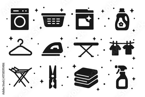 Laundry Icons Collection. Laundry Supplies. Solid icons set of Laundry Supplies: washing machine, laundry basket, detergent box, fabric softener, hanger, iron,