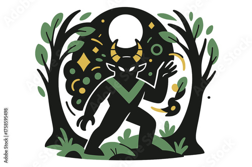 Moonlit Creature Magic. Moonlit forest. A horned creature standing under a glowing full moon, trees bending around it, abstract floating shapes showing magical