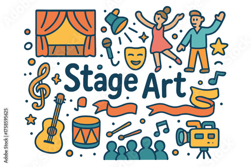 Vibrant Stage Doodle. Stage Art. Hand-drawn doodle illustration of Stage Art. curtain, stage, spotlight,