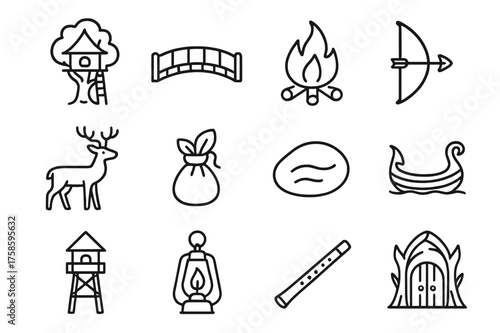 Elven Forest Icons. Elven forest life. Line icon set of Elven forest life: treehouse, wooden bridge, campfire, bow and arrow, forest animal, herbal pouch,