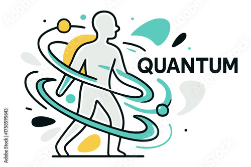 Quantum Energy Spiral. Quantum invisibility. Abstract glowing particles orbiting a transparent silhouette, wave functions forming around like spirals of