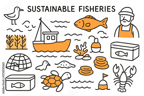 Sustainable Fisheries Doodle. Sustainable fisheries. Hand-drawn doodle illustration sustainable fisheries fishing boat (accented), fish (accented), seaweed