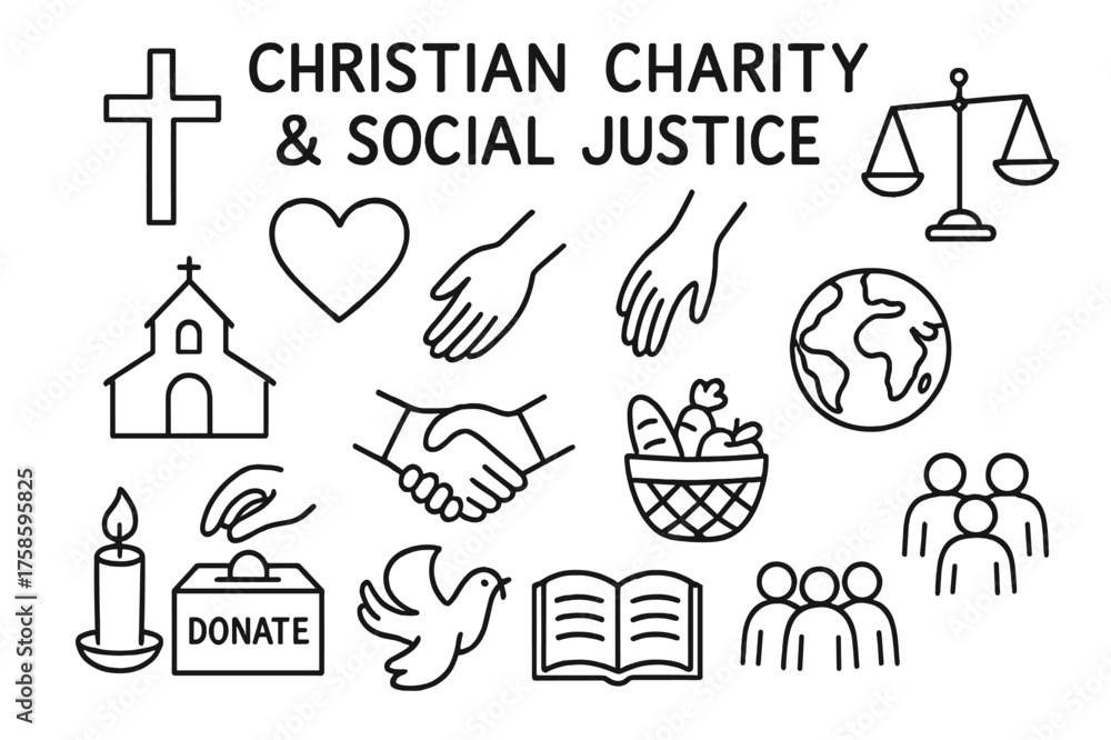 Fototapeta premium Charity Icons Doodle Art. Christian Charity and Social Justice. Hand-drawn doodle illustration christian charity and social justice cross, church, heart,