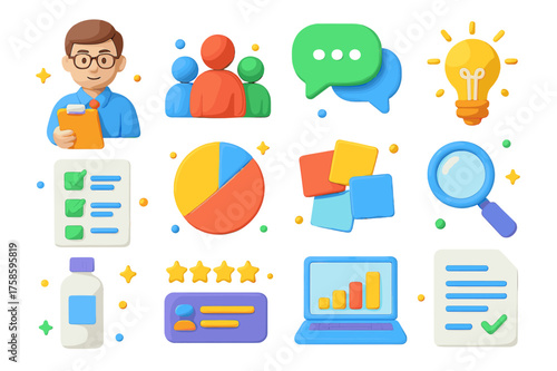 Focus Group Icons. Focus groups process. 3D icons set of focus groups process: moderator with clipboard, group of people, open dialogue bubbles, idea