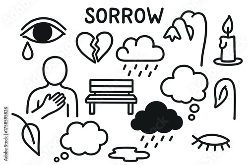 Sorrowful Symbols Doodle. Sorrow. Hand-drawn doodle illustration sorrow crying eye, teardrop, broken heart, wilted flower, candle, rain cloud, hand on chest,