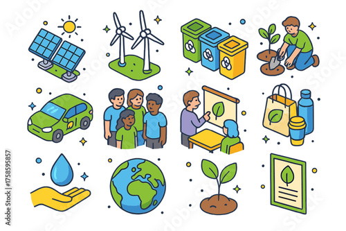 Sustainable Icons Collection. Sustainable initiatives. Colorful isometric vector icons set of sustainable initiatives: solar panels, wind turbines, recycling