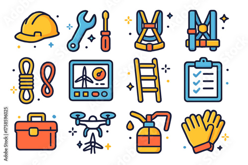 Wind Turbine Toolkit Icons. Colorful isometric vector icons set of wind turbine maintenance: engineer helmet, wrench, screwdriver, safety harness, rope,