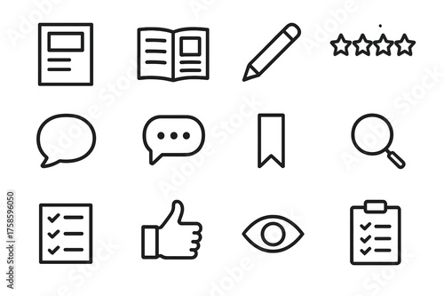 Magazine Critique Icons. Magazine critique. Line icon set of Magazine critique: magazine cover, open page, pencil, star rating, speech bubble, comment bubble,