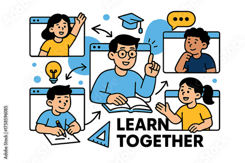 Remote Learning Collaboration. Remote tutoring teamwork. Group of small students gathered on screen windows, tutor guiding them from center, floating arrows