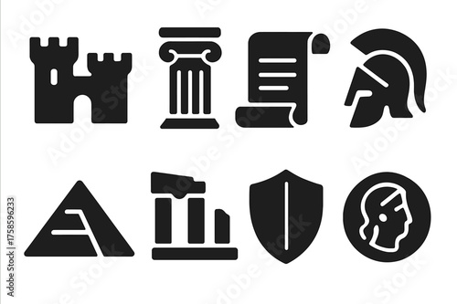 Historical Tourism Icons. Historical tourism. Filled icon set of Historical tourism: castle, ancient column,