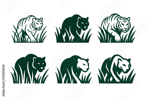 Wild Animal Logos. Wild animals in forests and jungles. Set Logo of Wild animals in forests and jungles: Tiger stalking through tall grass. harmonious logo