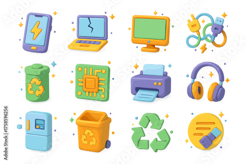 3D E-Waste Icons. 3D icons set of e-waste disposal: old smartphone, broken laptop, desktop monitor, tangled cables, battery recycling bin, circuit board,