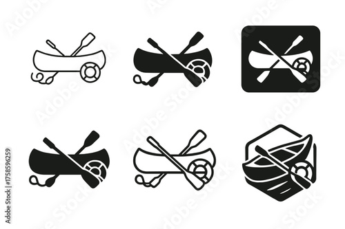 Canoeing Logo Variations. Canoeing. Set Logo of Canoeing: Rescue throwbag and safety buoy beside a canoe. harmonious logo variations of the same emblematic