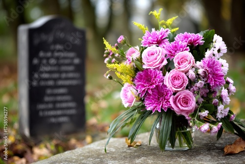 Pink flowers bouquet on gravestone symbolizing remembrance and grief