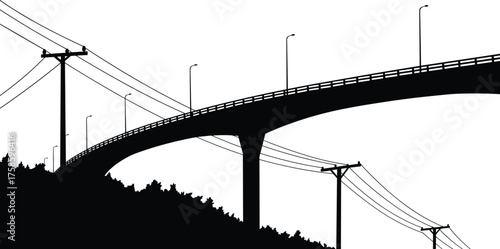 Silhouette of modern bridge crossing valley with electric power lines and street lamps, infrastructure engineering landscape vector illustration, urban transportation concept