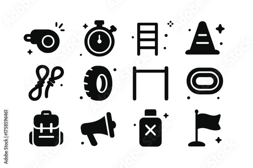 Outdoor Bootcamp Icons. Outdoor Bootcamp. Solid icons set of Outdoor Bootcamp: whistle, stopwatch, ladder drill, agility cone, rope, tire flip, pull-up bar,