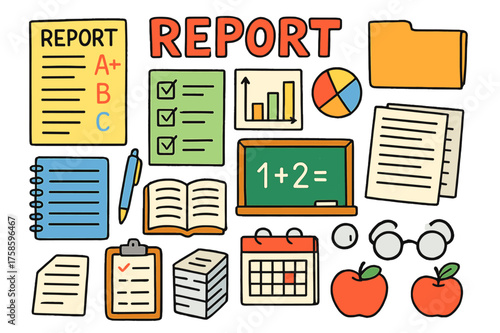 Educational Doodle Icons. Report. Colorful Hand-drawn doodle Children illustration Report card, checklist, bar chart, pie chart, notebook, pen, folder,