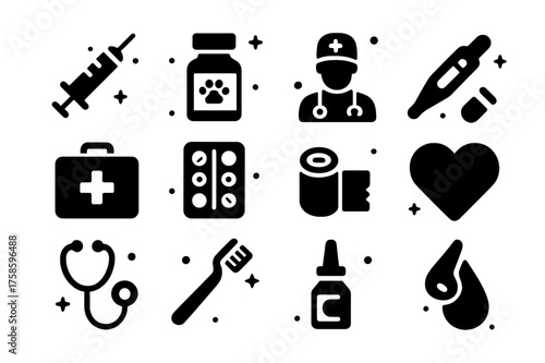 Pet Health Icons. Pet Healthcare. Solid icons set of Pet Healthcare: Syringe, Medicine Bottle, Thermometer, Vet, First Aid Kit, Pills, Bandage,
