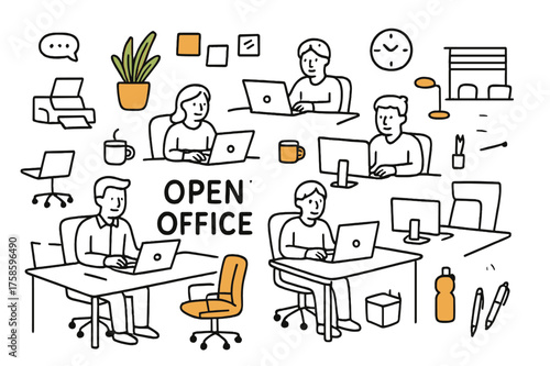 Open Office Doodles. Open Office. Hand-drawn doodle illustration open office open plan office desks (accented), employees, laptops (accented), office chairs,