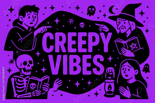 CreepyVibes Neon Banner. CreepyVibes banner, flat vector illustration, bold oversized text inside rounded blob, cartoon characters pointing and gesturing at