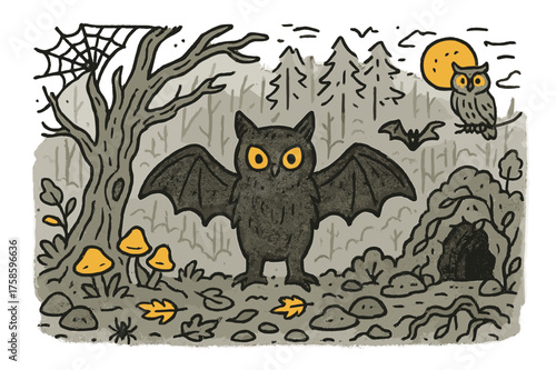 Mysterious Forest Creature. Mysterious Winged Creature. Hand-drawn doodle illustration mysterious winged creature winged creature (accented), dense forest,