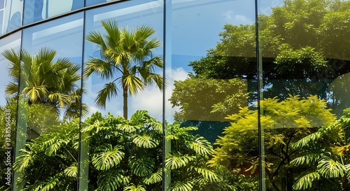 Urban oasis glass facade showcasing lush greenery reflections view