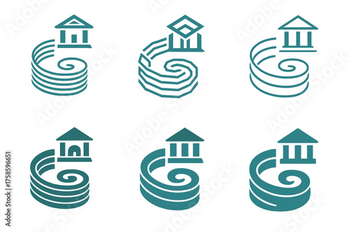 Savings Logo Variations. Using bank accounts to accumulate savings. Set Logo of Using bank accounts to accumulate savings: Compound interest spiral (coin