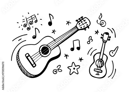 Hand drawn acoustic guitar microphone musical notes doodle vector illustration. Music education symbols, songwriting book, CD icon, treble clef, staff, stars, black outline clipart .vector icon
