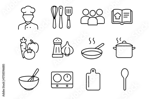 Culinary Icon Set. Culinary workshop. Line icon set of Culinary workshop: chef instructor, cooking utensils, students, recipe book, vegetables, spices, pan,